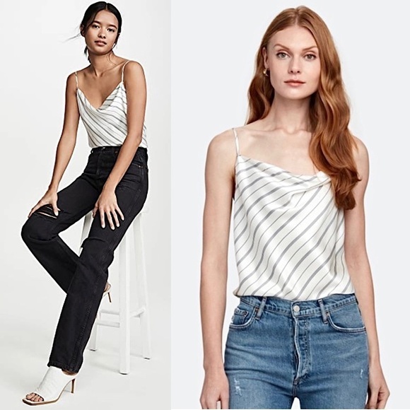 NWT L’AGENCE Silk Striped Ivory & Navy Satin Draped Cowl Neck Camisole Tank XS - Picture 1 of 11